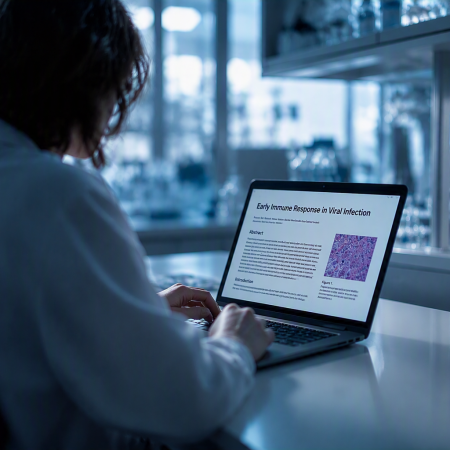 woman reading a scientific article