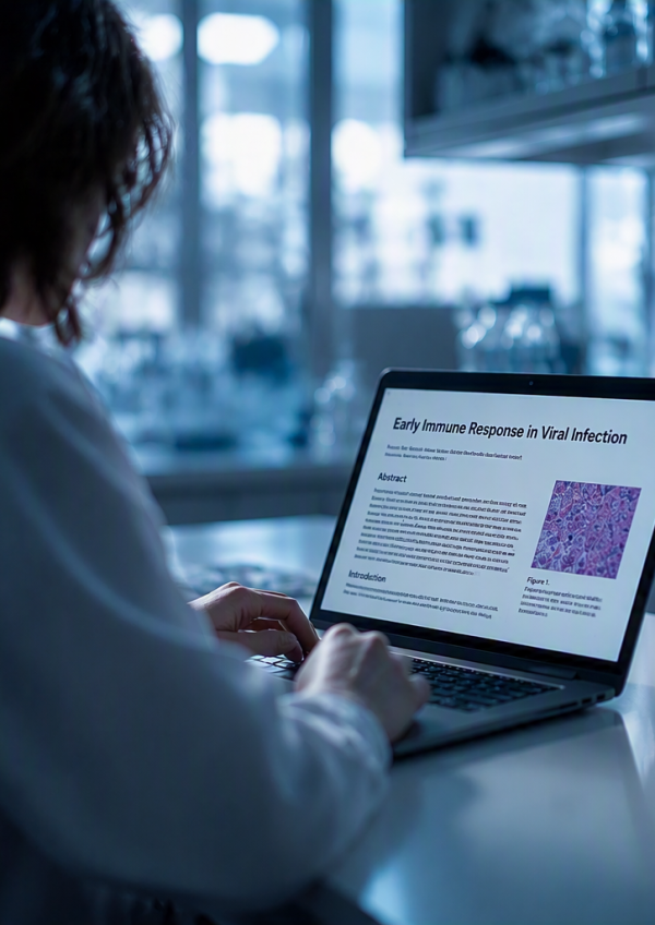 woman reading a scientific article
